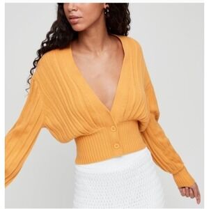 Wilfred Womens Deep Plunging V Neck Ribbed Cardigan Mustard Merino Wool Size S